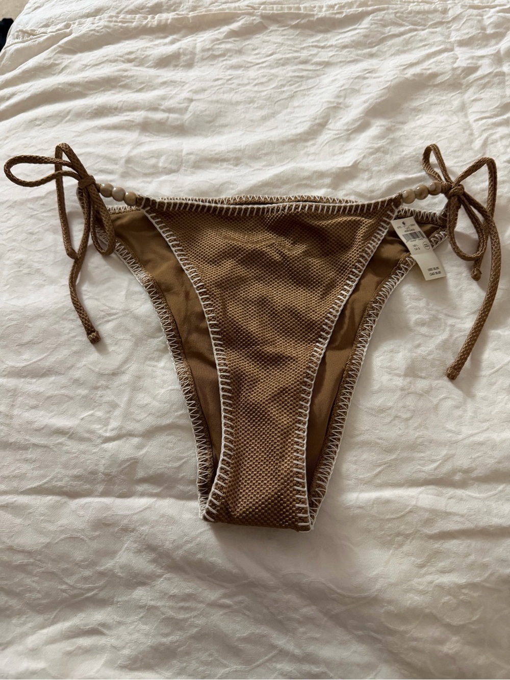 aerie Brown Textured Tie-Side Bikini Bottom with White Trim